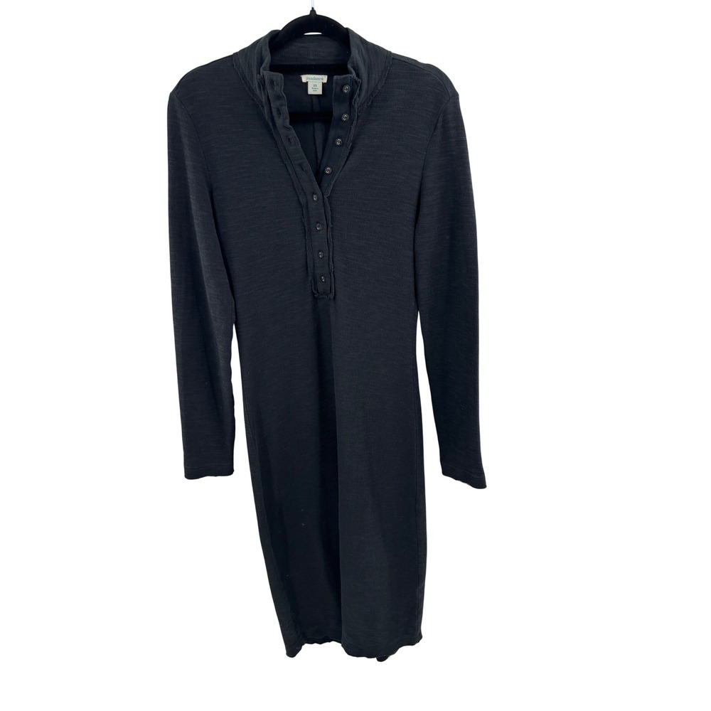 Sundance Womens Charcoal Black Cotton Henley Mock Neck Long Sleeve Midi Dress XS